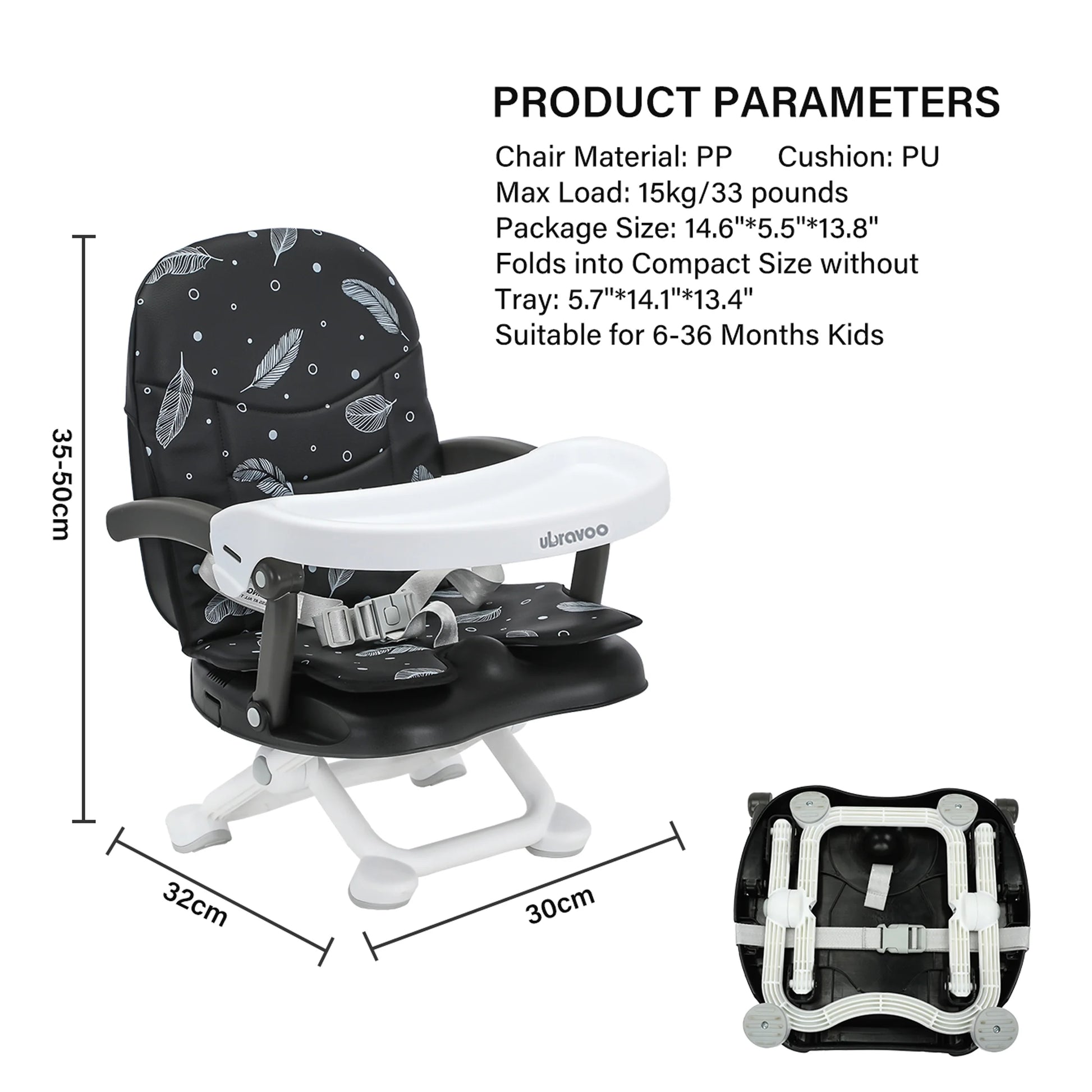 Toddler Booster Seat 2 in 1 Portable High Chair,Baby Dining Table,Removable Tray & Seat Pad,Easy to Travel,Black