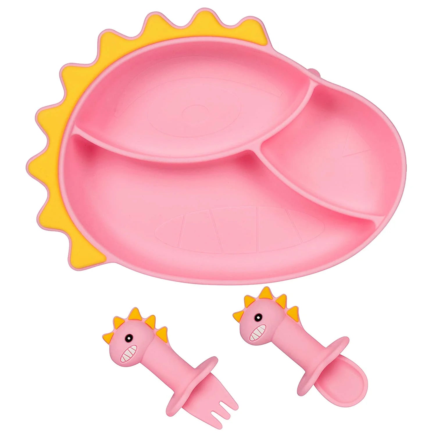 BabyS First Dinner Plate Set | Baby to Toddler Silicone Divided Suction Plate and Utensils Set | BPA Free Microwave and Dishwasher Safe  Dinosaur, Pink