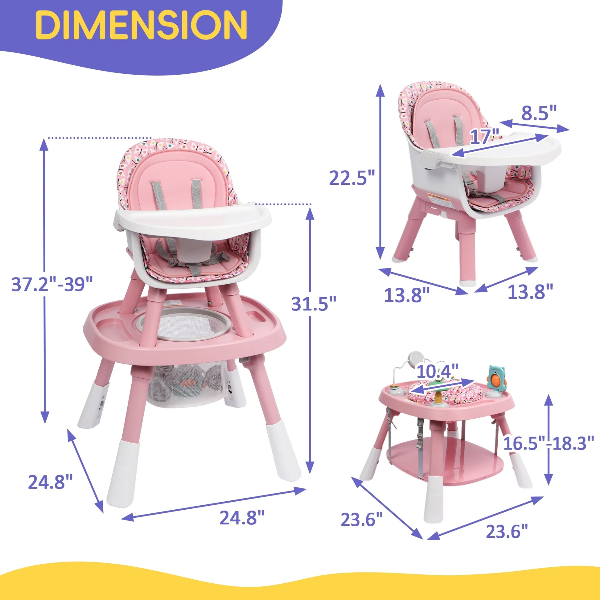 15-In-1 Convertible High Chair, 2-In-1 Baby Highchair & Activity Center, Pink