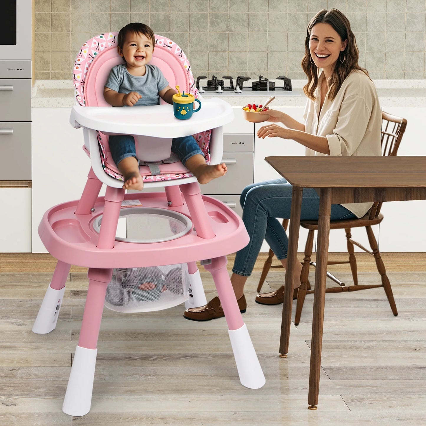 15-In-1 Convertible High Chair, 2-In-1 Baby Highchair & Activity Center, Pink