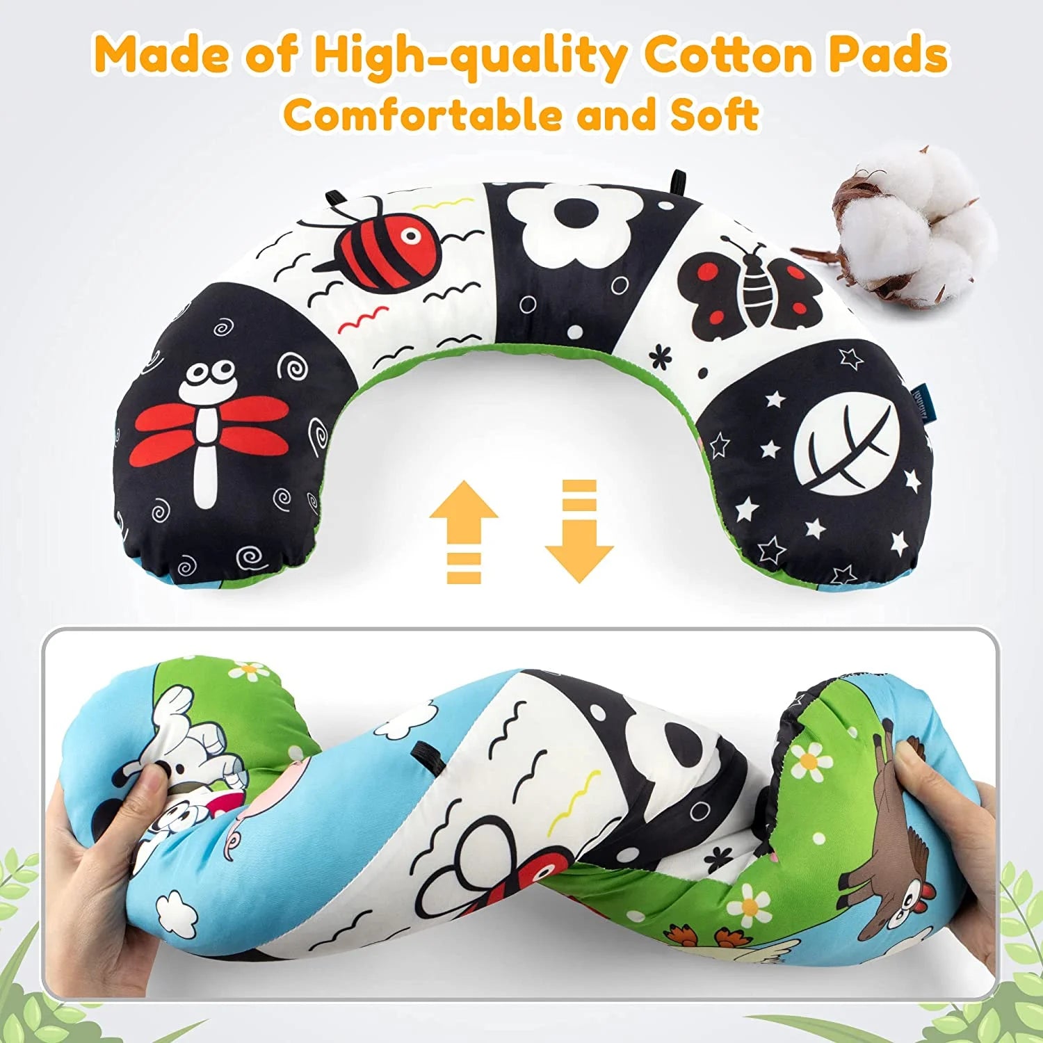 Baby Toys 0-6 Months, Tummy Play Time Pillow with Crinkle Mat & Teethers, Black and White High Contrast Baby Toys with Mirror, Montessori Sensory Crawling Toy for Infant Newborn Toddler