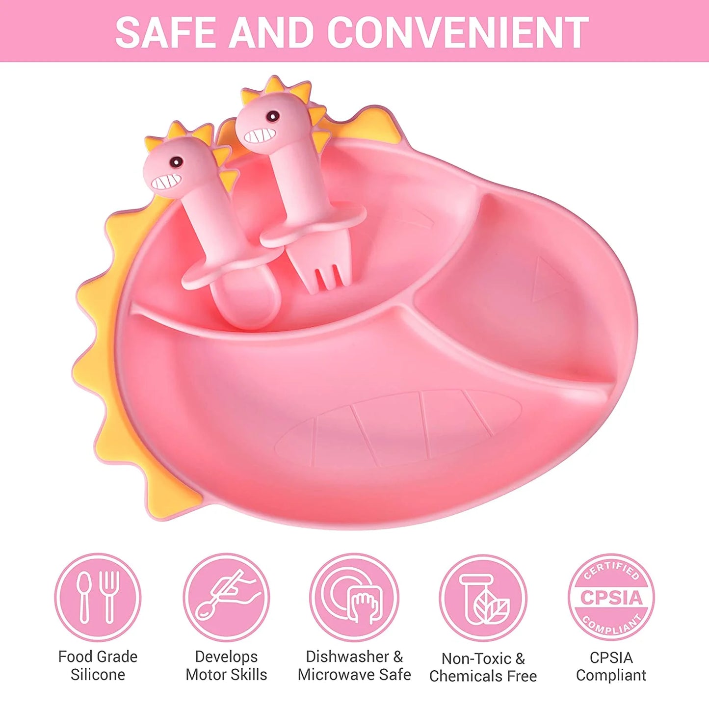 BabyS First Dinner Plate Set | Baby to Toddler Silicone Divided Suction Plate and Utensils Set | BPA Free Microwave and Dishwasher Safe  Dinosaur, Pink