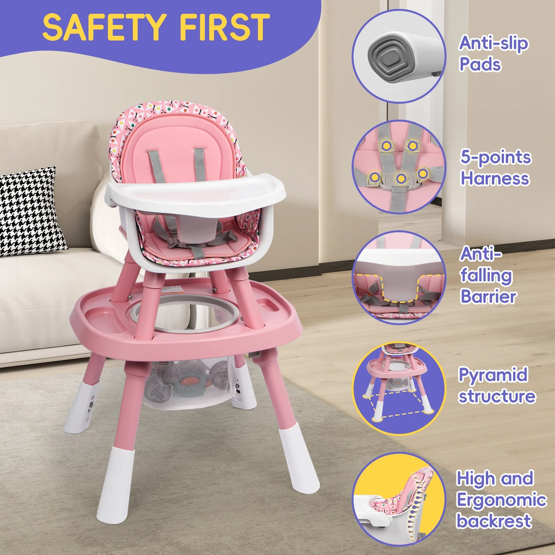 15-In-1 Convertible High Chair, 2-In-1 Baby Highchair & Activity Center, Pink