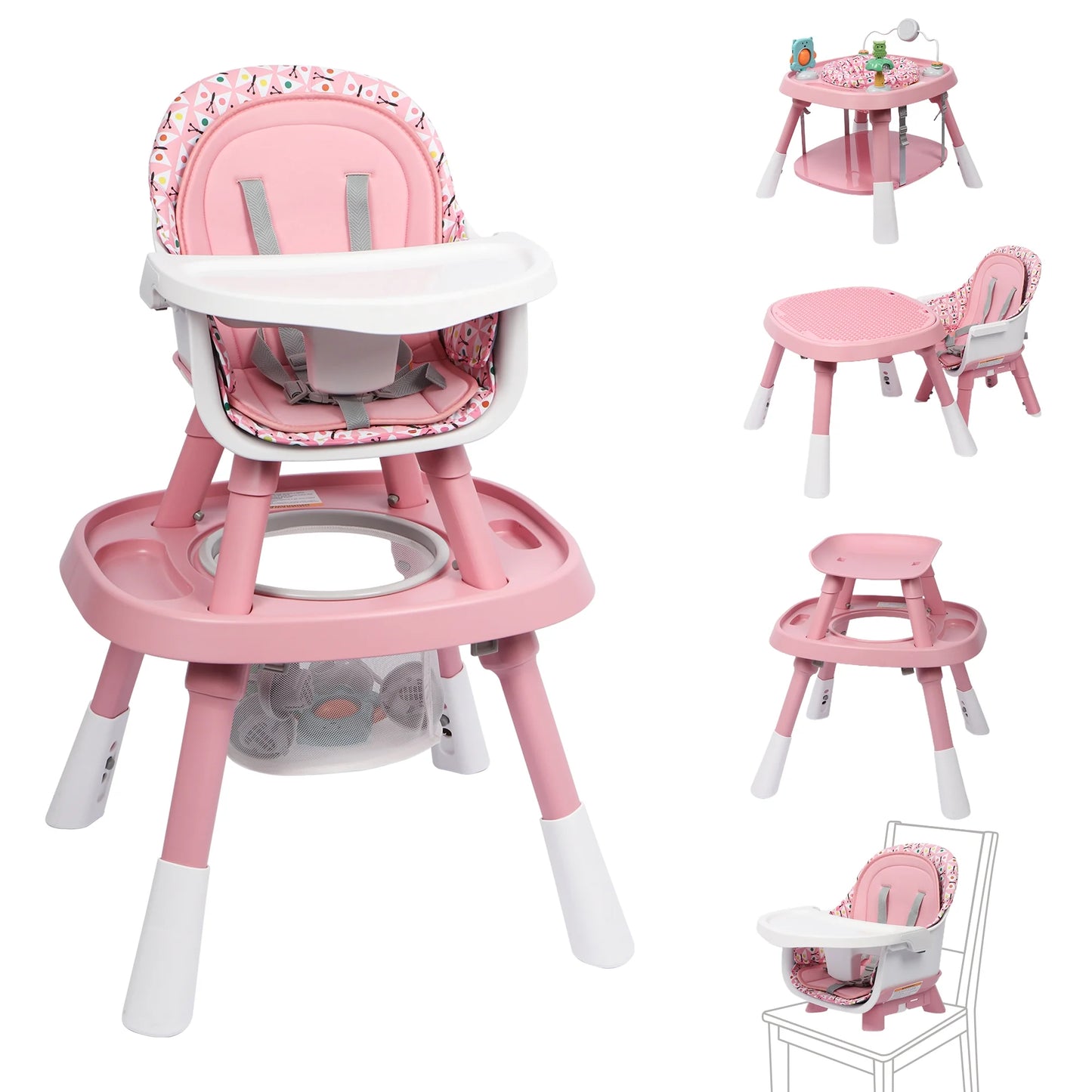 15-In-1 Convertible High Chair, 2-In-1 Baby Highchair & Activity Center, Pink