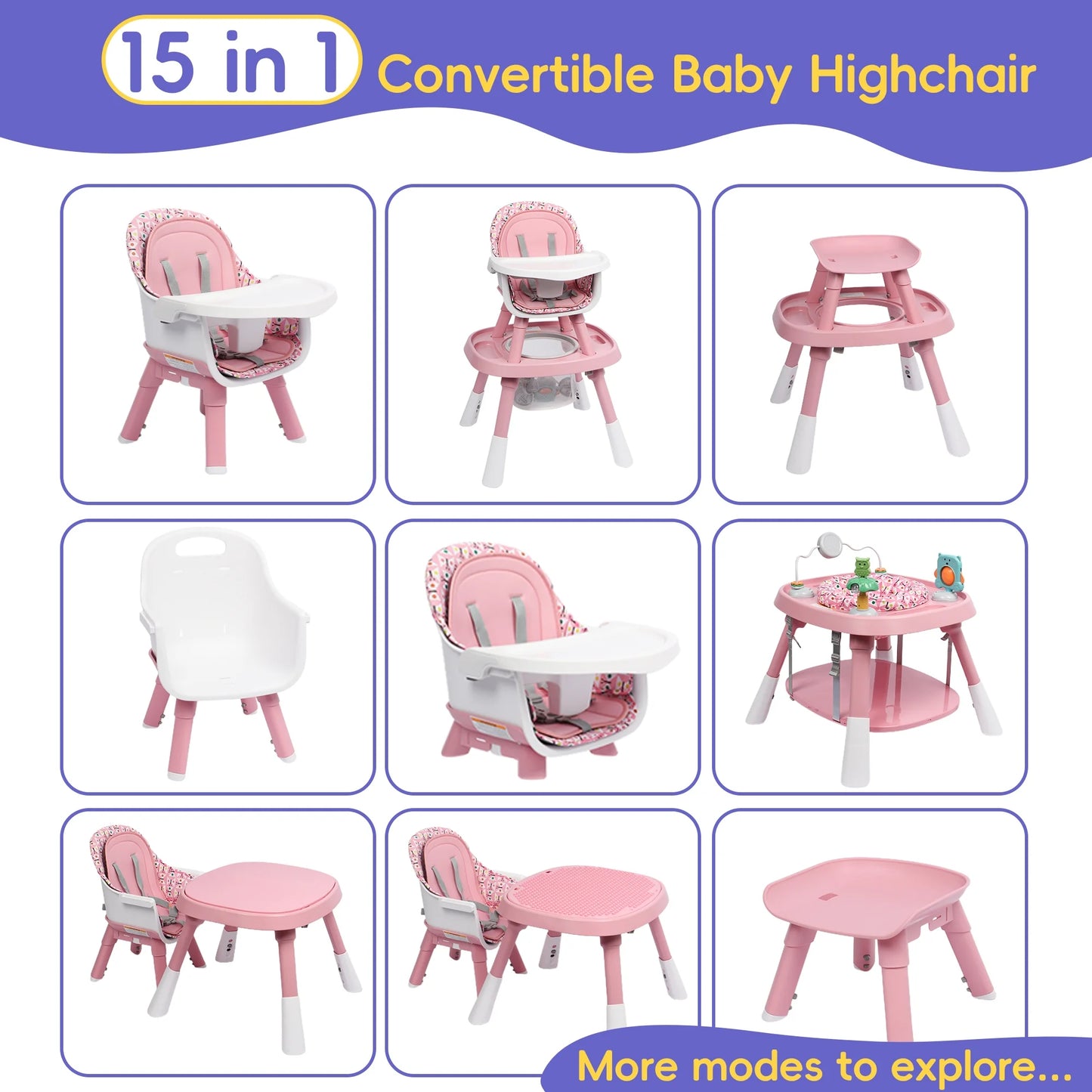 15-In-1 Convertible High Chair, 2-In-1 Baby Highchair & Activity Center, Pink