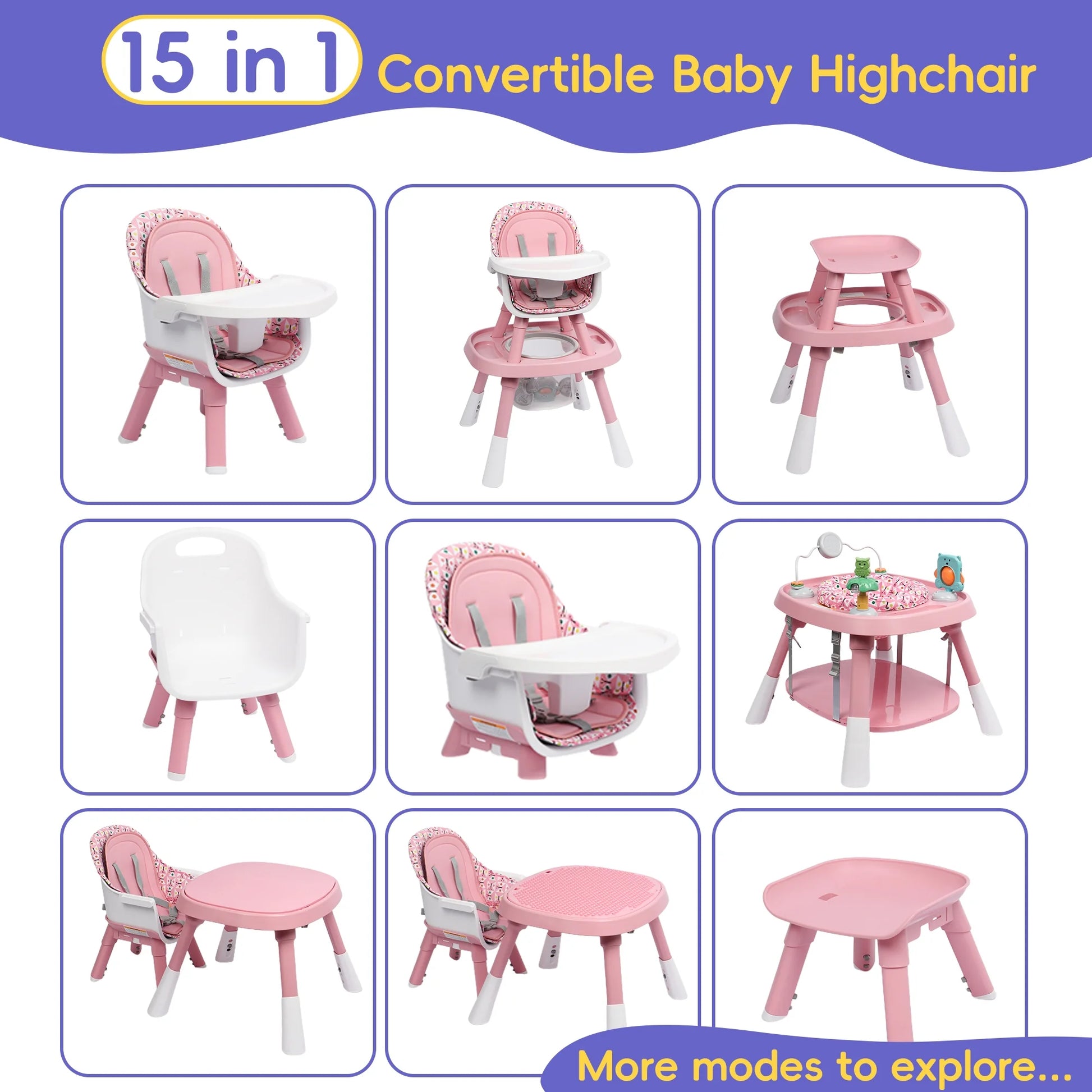 15-In-1 Convertible High Chair, 2-In-1 Baby Highchair & Activity Center, Pink